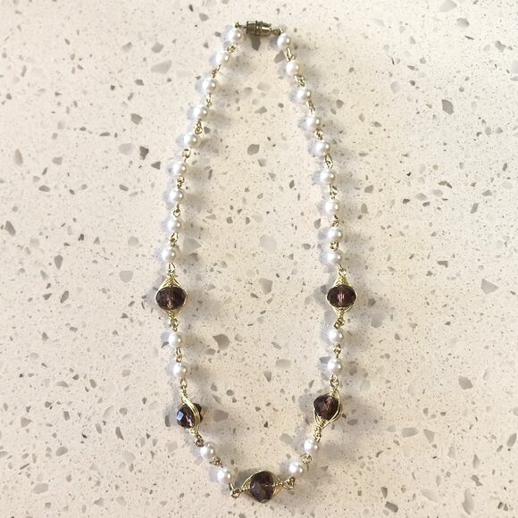Vintage Pearl & Gold Wire-Wrapped Crystal Necklace – Elegant & Timeless - Picture 1 of 3